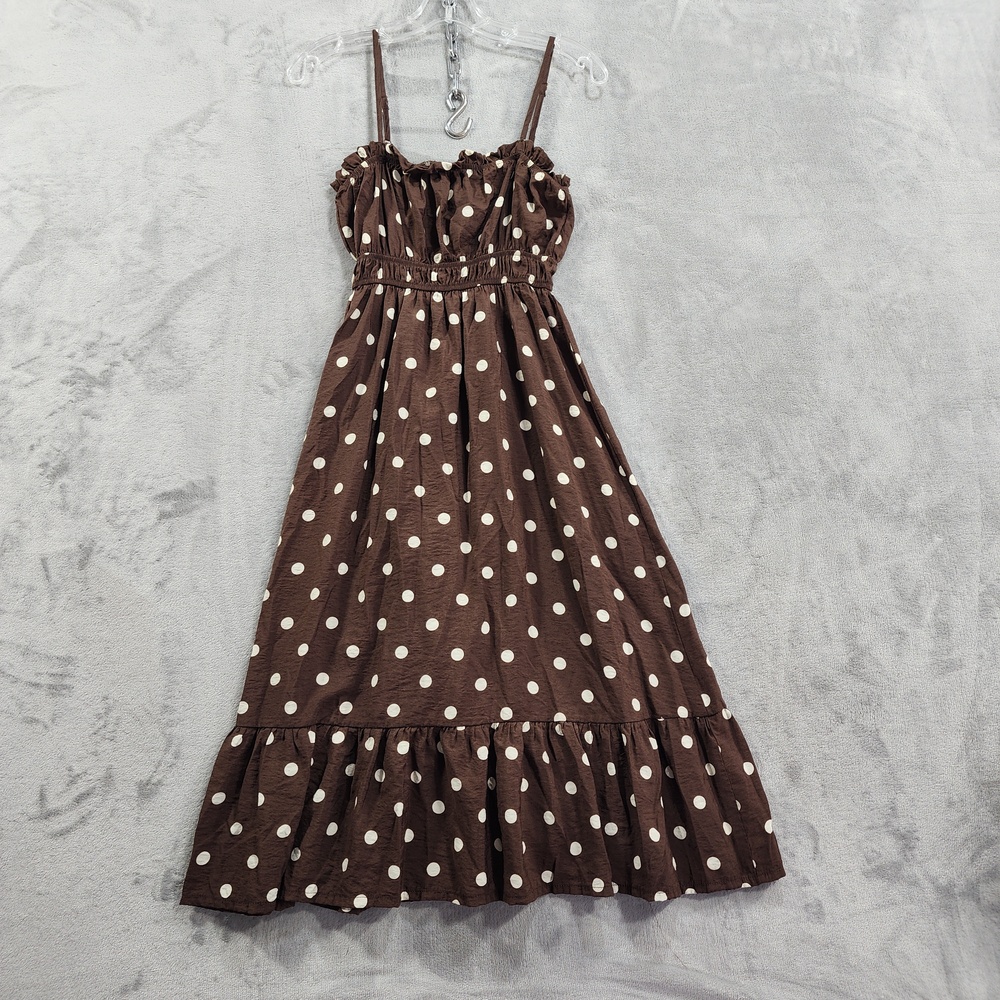 Frankee & Skylarr Dress Womens M Brown Cream Polka Dot Smocked Ruffle Sundress